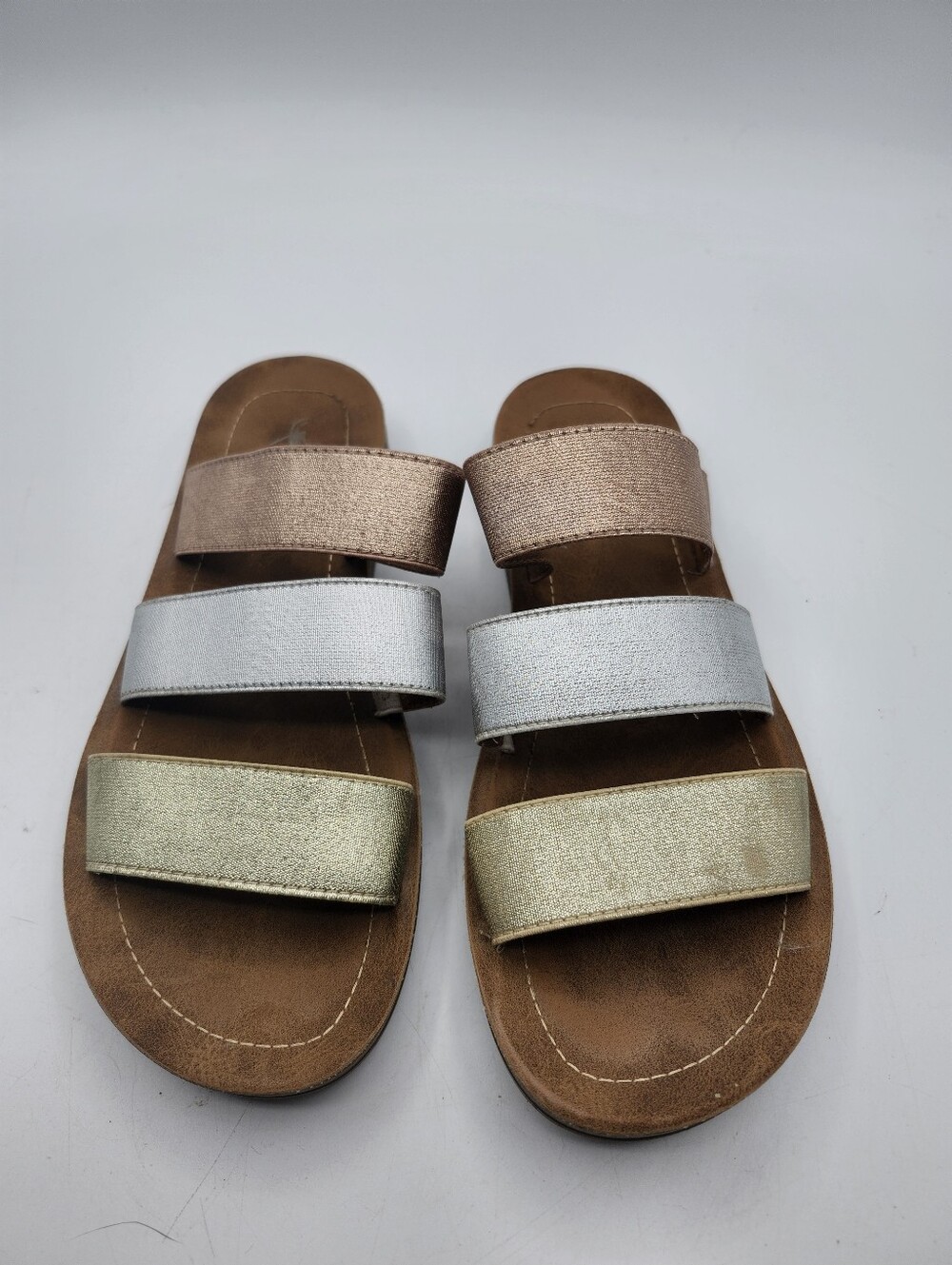 Corkys Women's Triple Strap Metallic Slide Sandals - Rose Gold, Silver & Gold